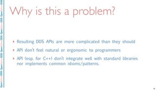 OpenSpliceDDSOpenSpliceDDOpenSpliceDDSOpenSpliceDDSOpenSpliceDDS
Why is this a problem?
‣ Resulting DDS APIs are more complicated than they should
‣ API don’t feel natural or ergonomic to programmers
‣ API (esp. for C++) don’t integrate well with standard libraries
nor implements common idioms/patterns.
25
 