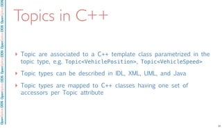 OpenSpliceDDSOpenSpliceDDOpenSpliceDDSOpenSpliceDDSOpenSpliceDDS
Topics in C++
‣ Topic are associated to a C++ template class parametrized in the
topic type, e.g. Topic<VehiclePosition>, Topic<VehicleSpeed>
‣ Topic types can be described in IDL, XML, UML, and Java
‣ Topic types are mapped to C++ classes having one set of
accessors per Topic attribute
37
 