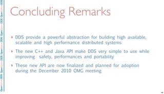 OpenSpliceDDSOpenSpliceDDOpenSpliceDDSOpenSpliceDDSOpenSpliceDDS
Concluding Remarks
‣ DDS provide a powerful abstraction for building high available,
scalable and high performance distributed systems
‣ The new C++ and Java API make DDS very simple to use while
improving safety, performances and portability
‣ These new API are now finalized and planned for adoption
during the December 2010 OMG meeting
68
 
