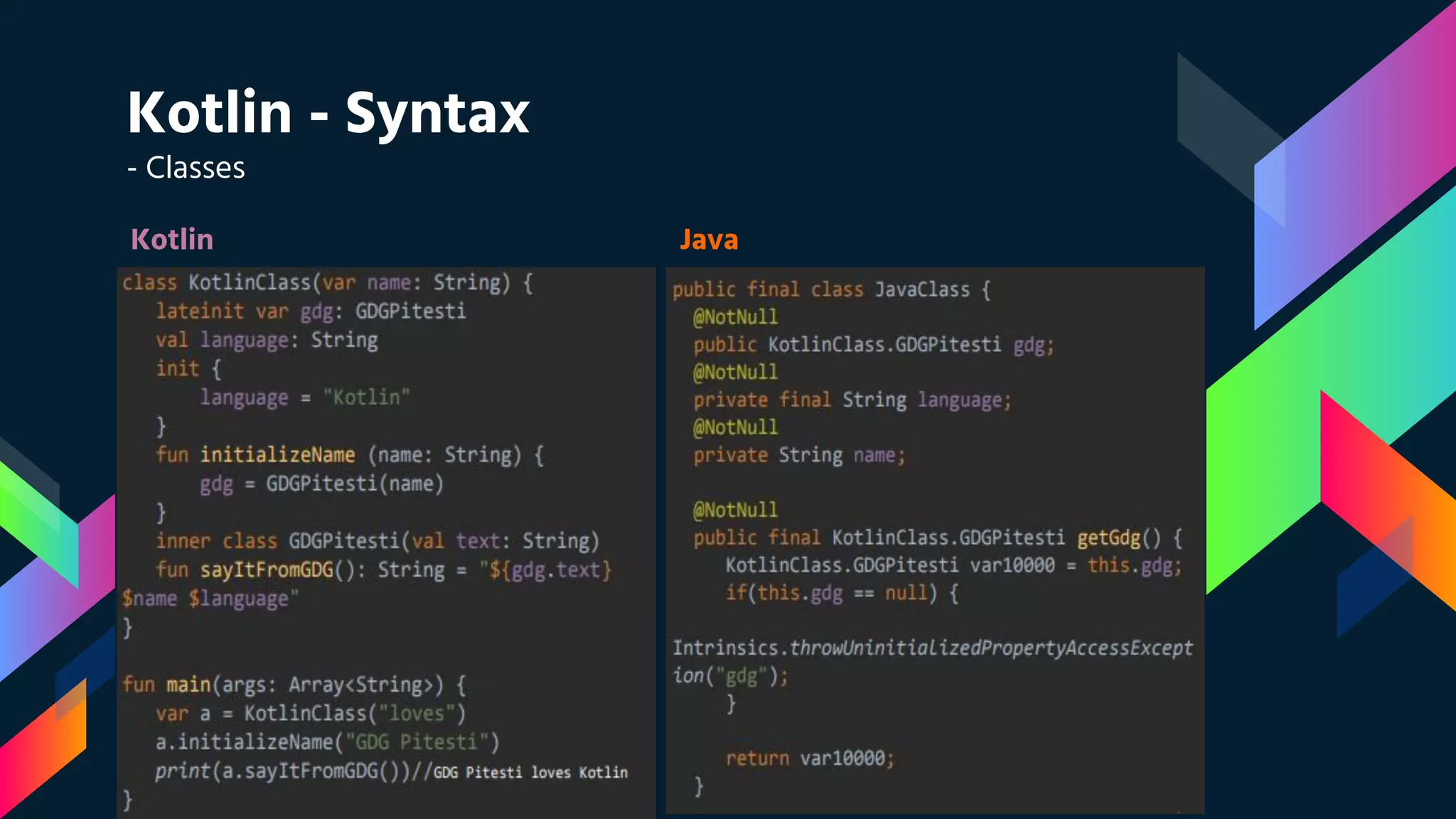 Kotlin - Syntax
- Classes
Kotlin Java
 