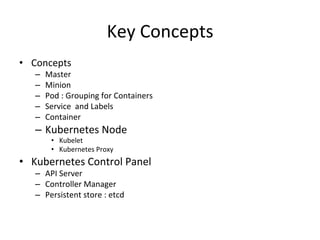 Key Concepts
• Concepts
– Master
– Nodes
– Pod
– Service and Labels
– Container
– Node
• Kubelet
• Kubernetes Proxy
• Kubernetes Control Panel
– API Server
– Controller Manager
– Persistent store : etcd
 
