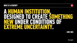 @arsagilis
A HUMAN INSTITUTION,
DESIGNED TO CREATE SOMETHING
NEW UNDER CONDITIONS OF
EXTREME UNCERTAINTY.
WHAT IS A STARTUP?
- ERIC RIES
 
