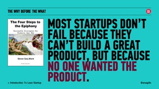 @arsagilis> Introduction To Lean Startup
THE WHY BEFORE THE WHAT
MOST STARTUPS DON’T
FAIL BECAUSE THEY
CAN’T BUILD A GREAT
PRODUCT, BUT BECAUSE
NO ONE WANTED THE
PRODUCT.
 