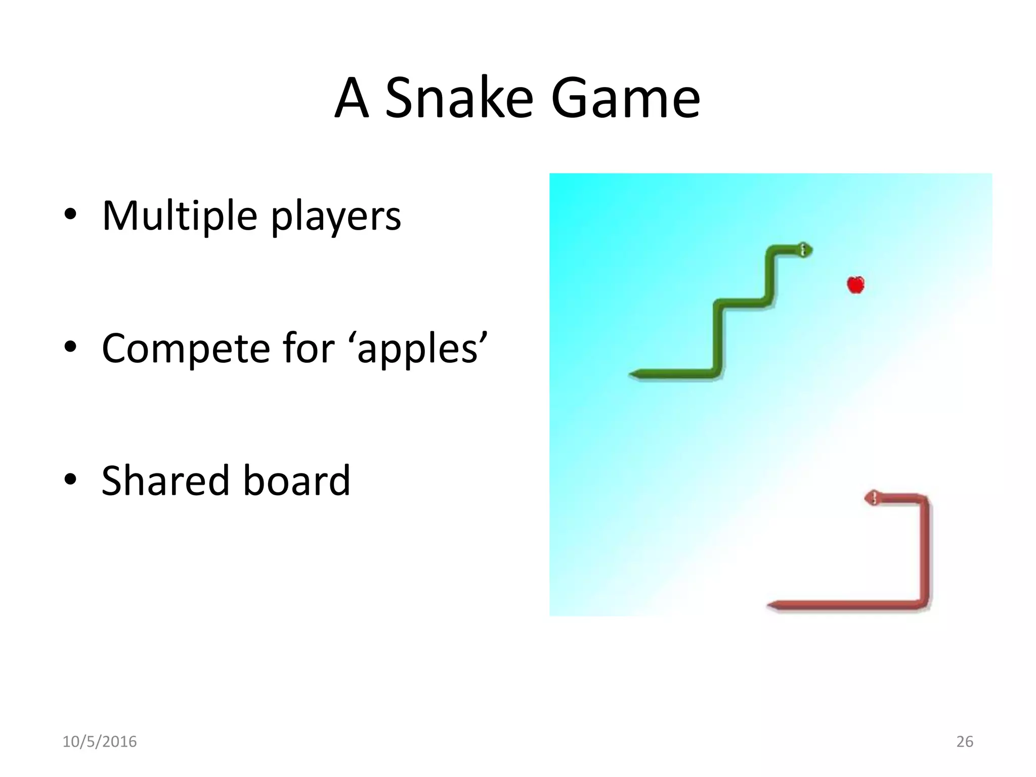 A Snake Game
• Multiple players
• Compete for ‘apples’
• Shared board
10/5/2016 26
 