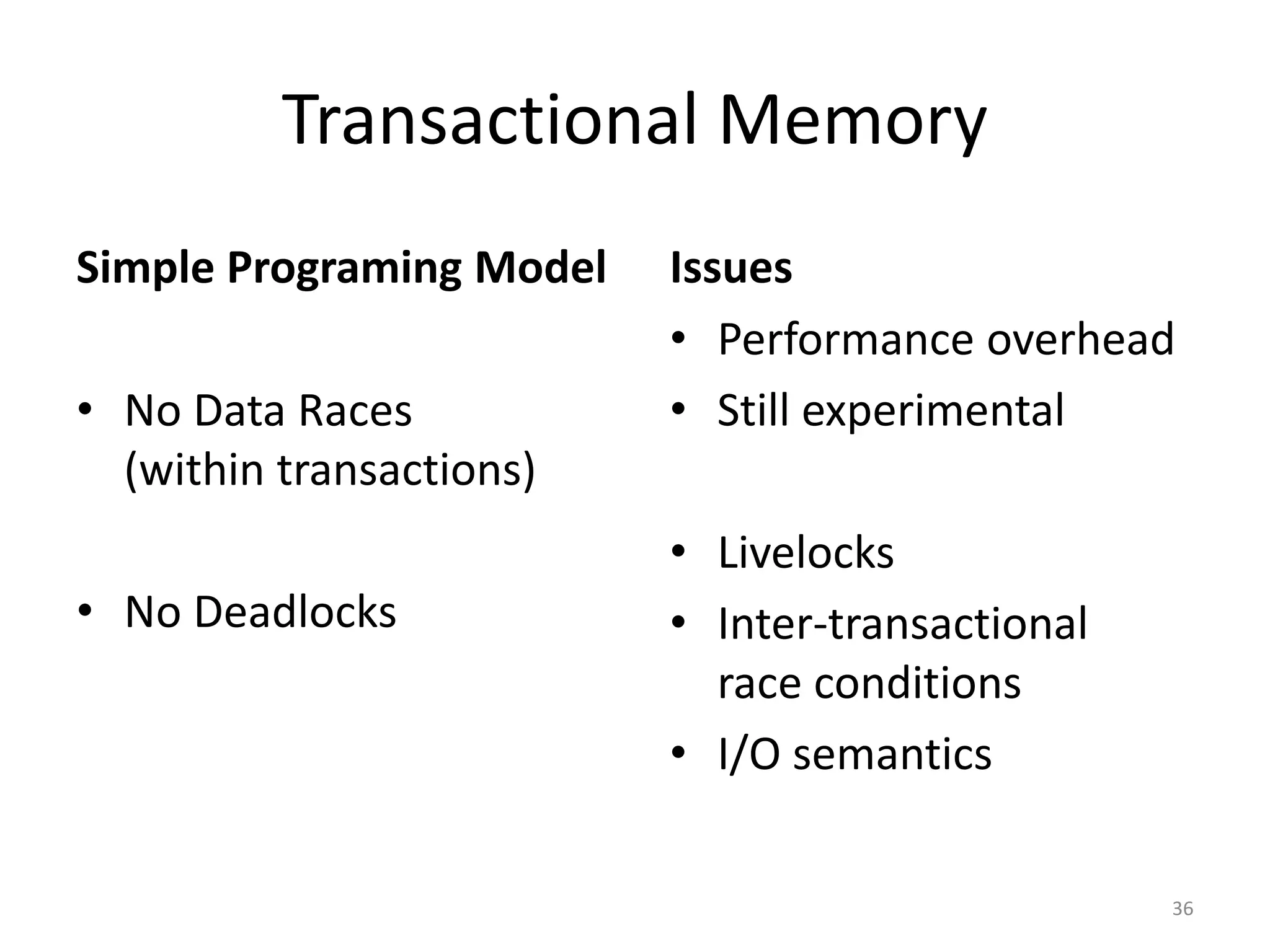 Transactional Memory
Simple Programing Model
• No Data Races
(within transactions)
• No Deadlocks
36
Issues
• Performance overhead
• Still experimental
• Livelocks
• Inter-transactional
race conditions
• I/O semantics
 