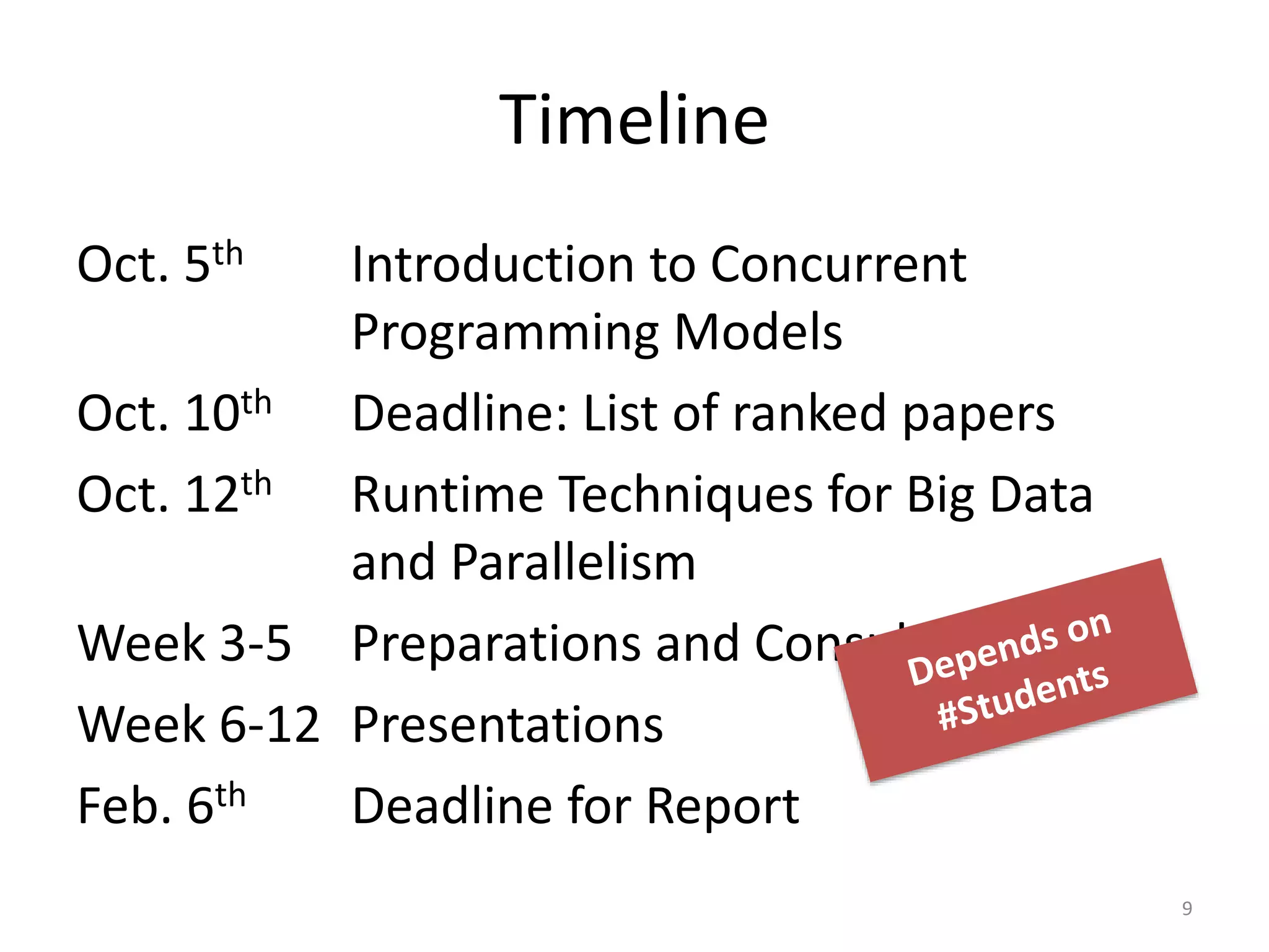 Timeline
Oct. 5th Introduction to Concurrent
Programming Models
Oct. 10th Deadline: List of ranked papers
Oct. 12th Runtime Techniques for Big Data
and Parallelism
Week 3-5 Preparations and Consultations
Week 6-12 Presentations
Feb. 6th Deadline for Report
9
 