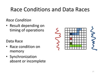 Race Conditions and Data Races
Race Condition
• Result depending on
timing of operations
Data Race
• Race condition on
memory
• Synchronization
absent or incomplete
27
 