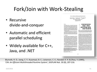 Fork/Join with Work-Stealing
• Recursive
divide-and-conquer
• Automatic and efficient
parallel scheduling
• Widely available for C++,
Java, and .NET
10/5/2016 51
Blumofe, R. D.; Joerg, C. F.; Kuszmaul, B. C.; Leiserson, C. E.; Randall, K. H. & Zhou, Y. (1995),
'Cilk: An Efficient Multithreaded Runtime System', SIGPLAN Not. 30 (8), 207-216.
 