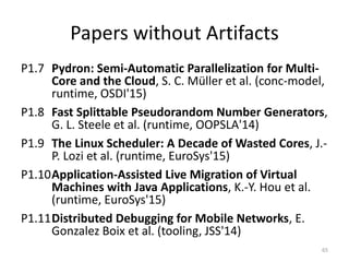 Papers without Artifacts
P1.7 Pydron: Semi-Automatic Parallelization for Multi-
Core and the Cloud, S. C. Müller et al. (conc-model,
runtime, OSDI'15)
P1.8 Fast Splittable Pseudorandom Number Generators,
G. L. Steele et al. (runtime, OOPSLA'14)
P1.9 The Linux Scheduler: A Decade of Wasted Cores, J.-
P. Lozi et al. (runtime, EuroSys'15)
P1.10Application-Assisted Live Migration of Virtual
Machines with Java Applications, K.-Y. Hou et al.
(runtime, EuroSys'15)
P1.11Distributed Debugging for Mobile Networks, E.
Gonzalez Boix et al. (tooling, JSS'14)
65
 