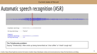 Automatic speech recognition (ASR)
The Tchaikovsky problem:
Saying “Tchaikovsky” often ends up being transcribed as “chai coffee” or “shall I cough sky”
15
Current state of the art
Credits: https://liesenf.github.io/action-formation-models; https://developer.nvidia.com/conversational-ai; https://furhatrobotics.com/blog
Grapheme matching: H H E E E L L L O O O O O O
String matching: “hello”
Compare:
Grapheme matching: Y Y H H E E L L O O O O
String matching: ???
 