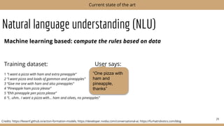 Natural language understanding (NLU)
Machine learning based: compute the rules based on data
Training dataset:
1 “I want a pizza with ham and extra pineapple”
2 “I want pizza and loads of gammon and pineapples”
3 “Give me one with ham and also pineapples”
4 “Pineapple ham pizza please”
5 “Ehh pineapple pen pizza please”
6 “I.. uhm.. I want a pizza with… ham and olives, no pineapples”
24
Current state of the art
Credits: https://liesenf.github.io/action-formation-models; https://developer.nvidia.com/conversational-ai; https://furhatrobotics.com/blog
“One pizza with
ham and
pineapple,
thanks”
User says:
 