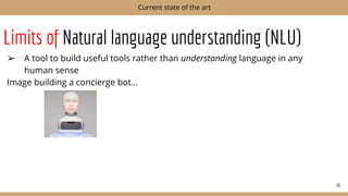 Limits of Natural language understanding (NLU)
➢ A tool to build useful tools rather than understanding language in any
human sense
Image building a concierge bot…
30
Current state of the art
 