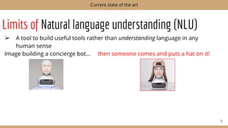 Limits of Natural language understanding (NLU)
➢ A tool to build useful tools rather than understanding language in any
human sense
Image building a concierge bot… then someone comes and puts a hat on it!
31
Current state of the art
 