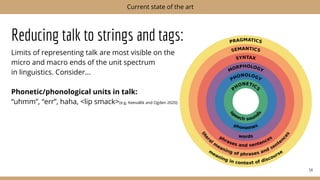 Reducing talk to strings and tags:
Limits of representing talk are most visible on the
micro and macro ends of the unit spectrum
in linguistics. Consider...
Phonetic/phonological units in talk:
“uhmm”, “err”, haha, <lip smack>(e.g. Keevallik and Ogden 2020)
54
Current state of the art
 
