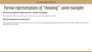 Formal representations of “meaning”: some examples
90s: Formal cognitive/“deep semantic” models of language
Lexical databases of formal representations of cognitive schemas, e.g. FrameNet (Baker er al. 1998)
00s: Formal speech act taxonomies
Formal models of what people are doing in talk, such as accusing, asserting, apologizing, building arguments and narratives (cf. DAMSL, Dialog Act ISO ( Core and
Allen 1997, Bunt et al. 2010))
60
Current state of the art
 