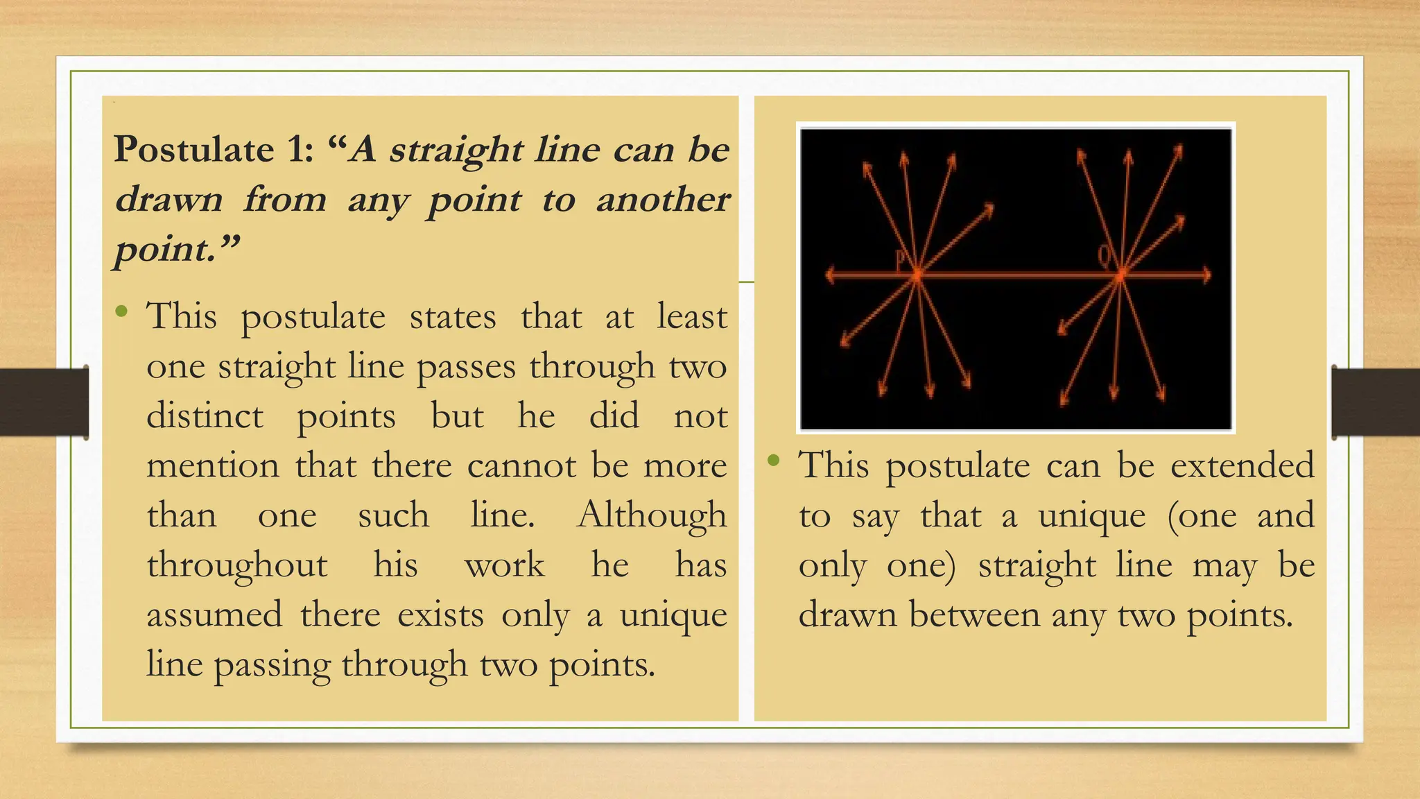 Line
Postulate 1: “A straight line can be
drawn from any point to another
point.”
• This postulate states that at least
one straight line passes through two
distinct points but he did not
mention that there cannot be more
than one such line. Although
throughout his work he has
assumed there exists only a unique
line passing through two points.
• This postulate can be extended
to say that a unique (one and
only one) straight line may be
drawn between any two points.
 