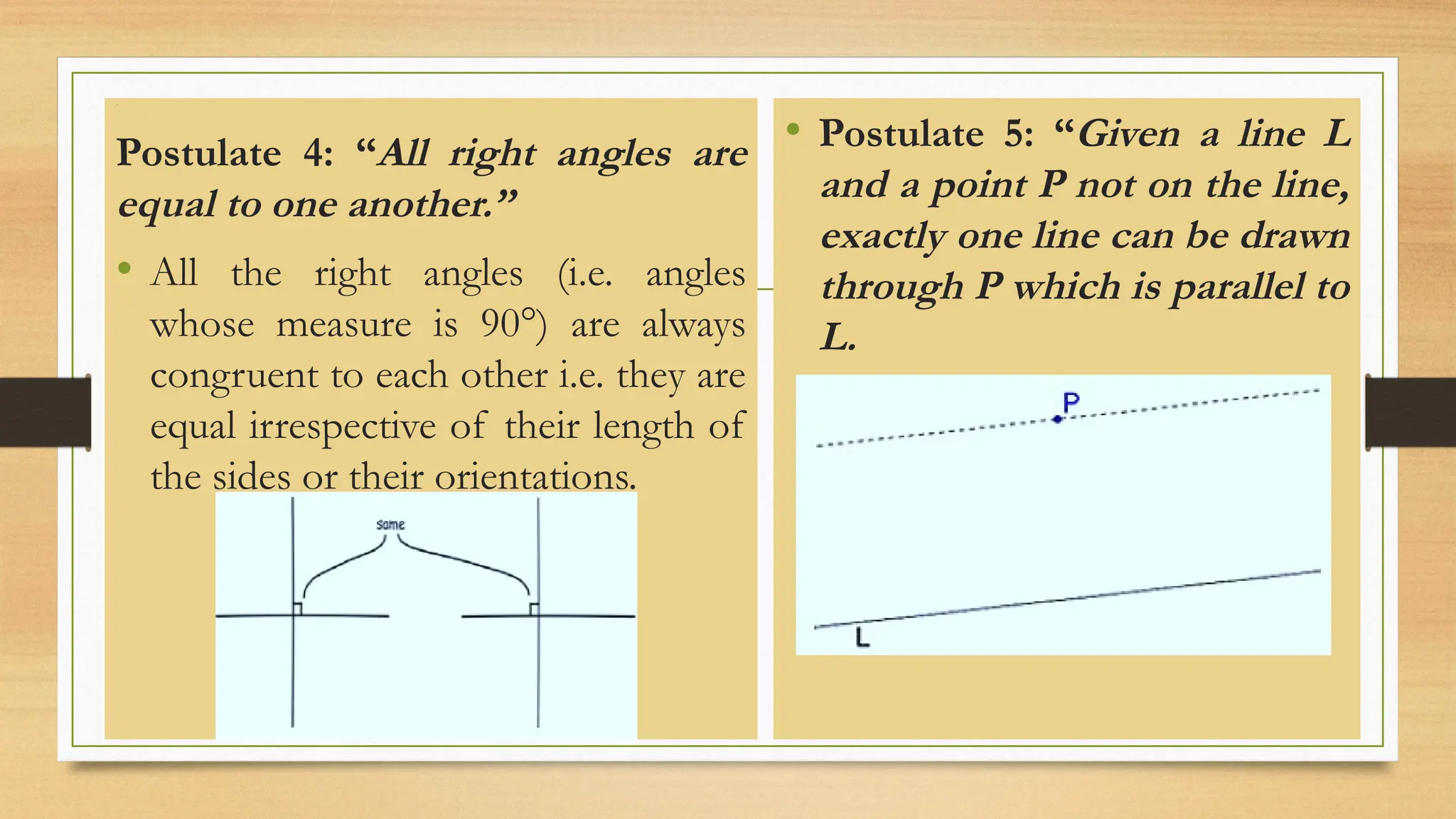 Line
Postulate 4: “All right angles are
equal to one another.”
• All the right angles (i.e. angles
whose measure is 90°) are always
congruent to each other i.e. they are
equal irrespective of their length of
the sides or their orientations.
• Postulate 5: “Given a line L
and a point P not on the line,
exactly one line can be drawn
through P which is parallel to
L.
 