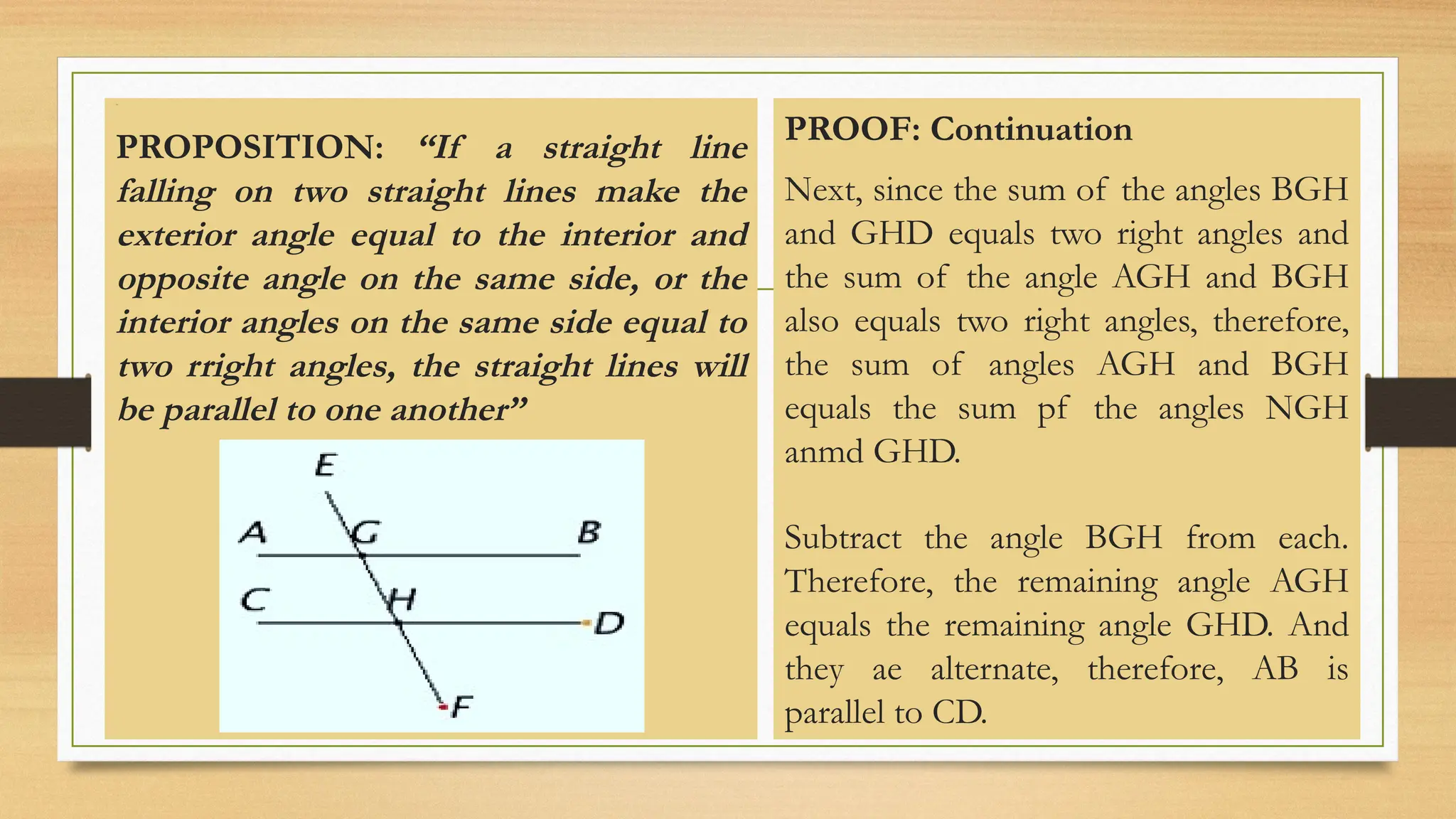 Line
PROPOSITION: “If a straight line
falling on two straight lines make the
exterior angle equal to the interior and
opposite angle on the same side, or the
interior angles on the same side equal to
two rright angles, the straight lines will
be parallel to one another”
PROOF: Continuation
Next, since the sum of the angles BGH
and GHD equals two right angles and
the sum of the angle AGH and BGH
also equals two right angles, therefore,
the sum of angles AGH and BGH
equals the sum pf the angles NGH
anmd GHD.
Subtract the angle BGH from each.
Therefore, the remaining angle AGH
equals the remaining angle GHD. And
they ae alternate, therefore, AB is
parallel to CD.
 
