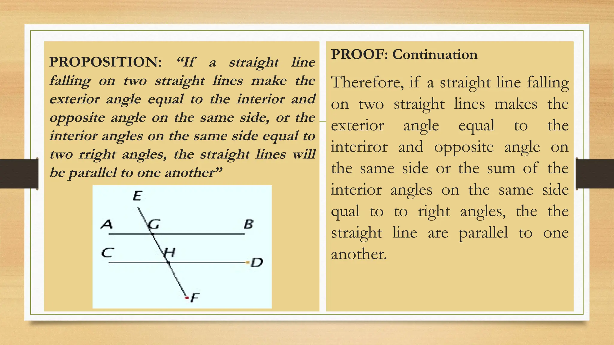 Line
PROPOSITION: “If a straight line
falling on two straight lines make the
exterior angle equal to the interior and
opposite angle on the same side, or the
interior angles on the same side equal to
two rright angles, the straight lines will
be parallel to one another”
PROOF: Continuation
Therefore, if a straight line falling
on two straight lines makes the
exterior angle equal to the
interiror and opposite angle on
the same side or the sum of the
interior angles on the same side
qual to to right angles, the the
straight line are parallel to one
another.
 