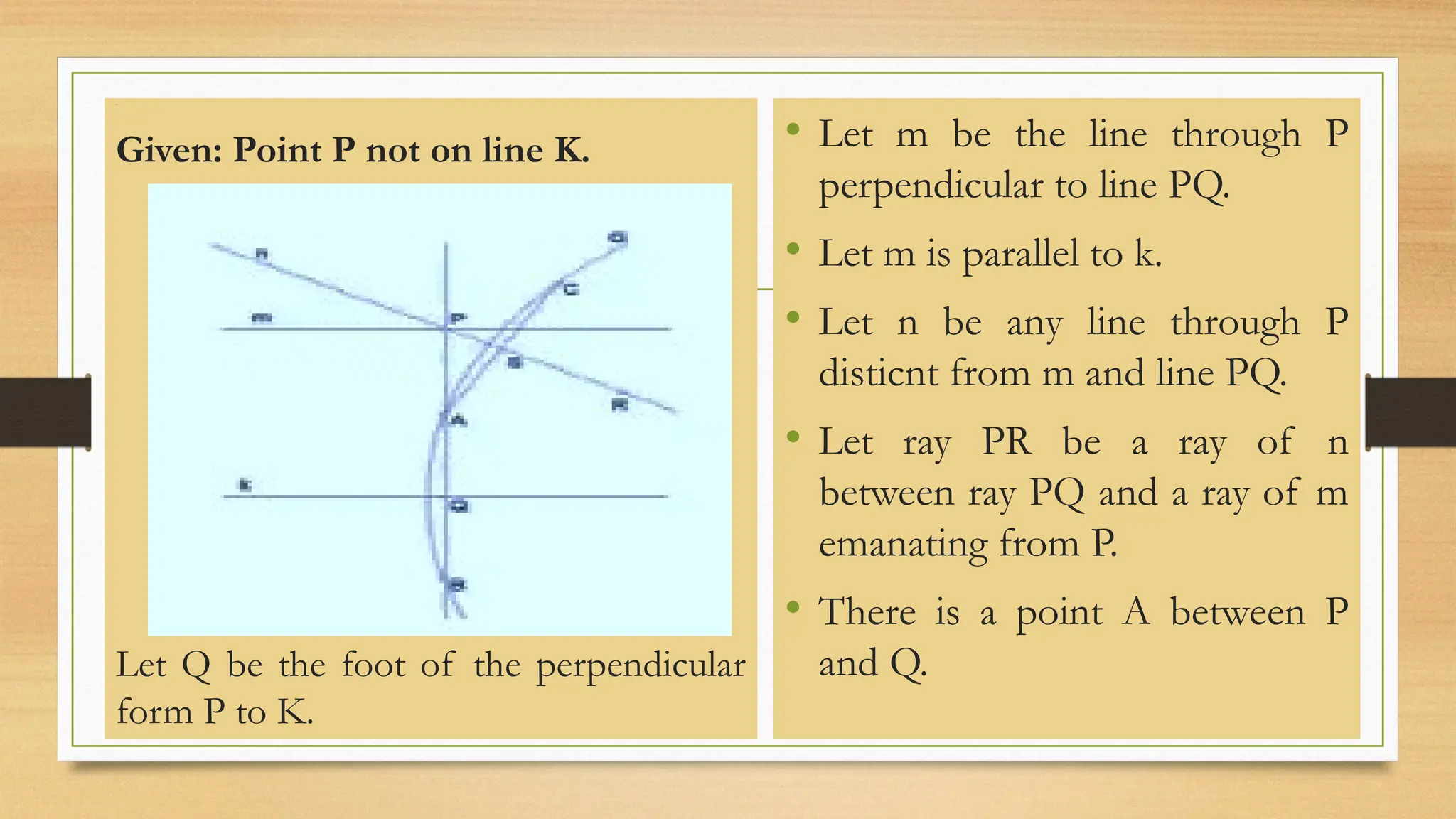 Line
Given: Point P not on line K.
Let Q be the foot of the perpendicular
form P to K.
• Let m be the line through P
perpendicular to line PQ.
• Let m is parallel to k.
• Let n be any line through P
disticnt from m and line PQ.
• Let ray PR be a ray of n
between ray PQ and a ray of m
emanating from P.
• There is a point A between P
and Q.
 