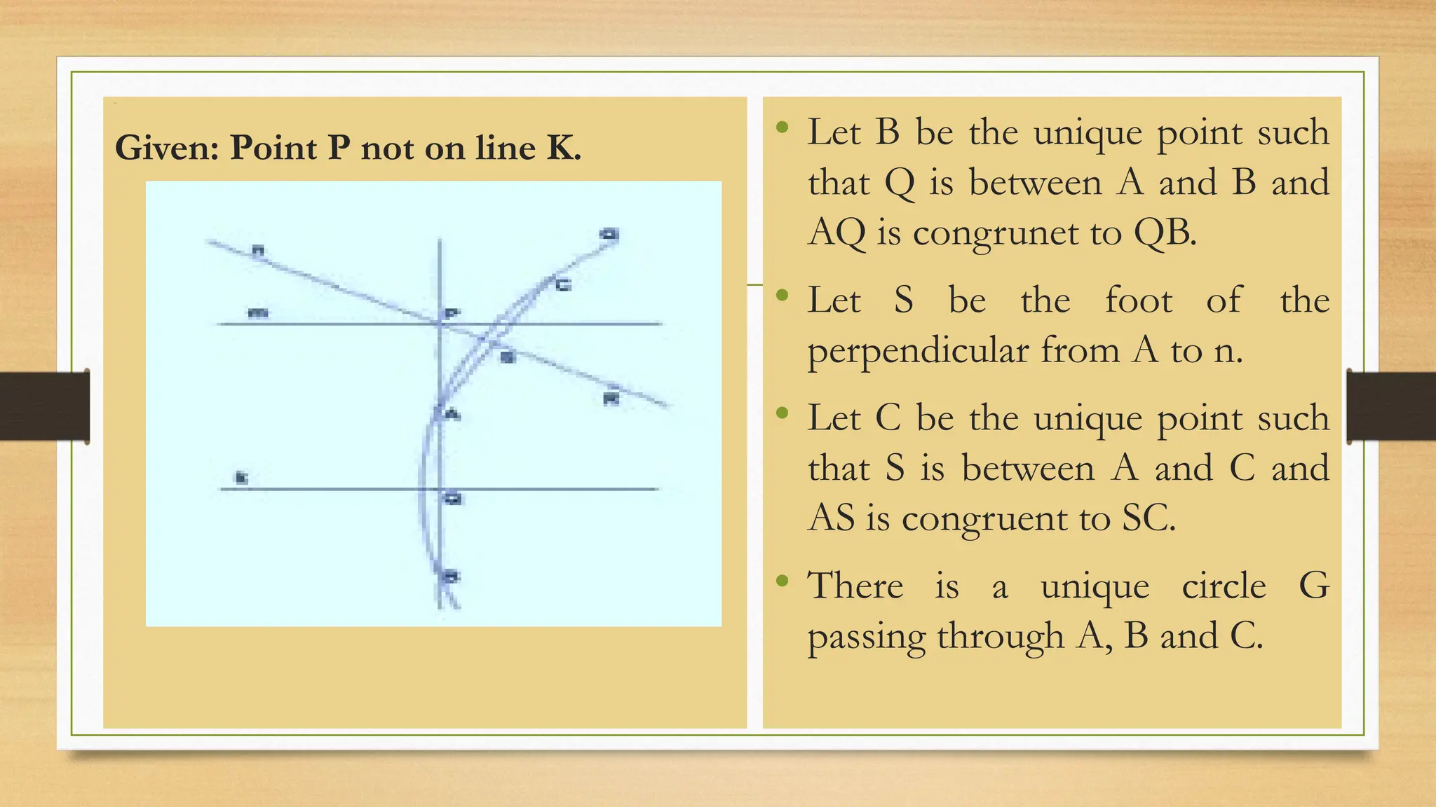 Line
Given: Point P not on line K. • Let B be the unique point such
that Q is between A and B and
AQ is congrunet to QB.
• Let S be the foot of the
perpendicular from A to n.
• Let C be the unique point such
that S is between A and C and
AS is congruent to SC.
• There is a unique circle G
passing through A, B and C.
 
