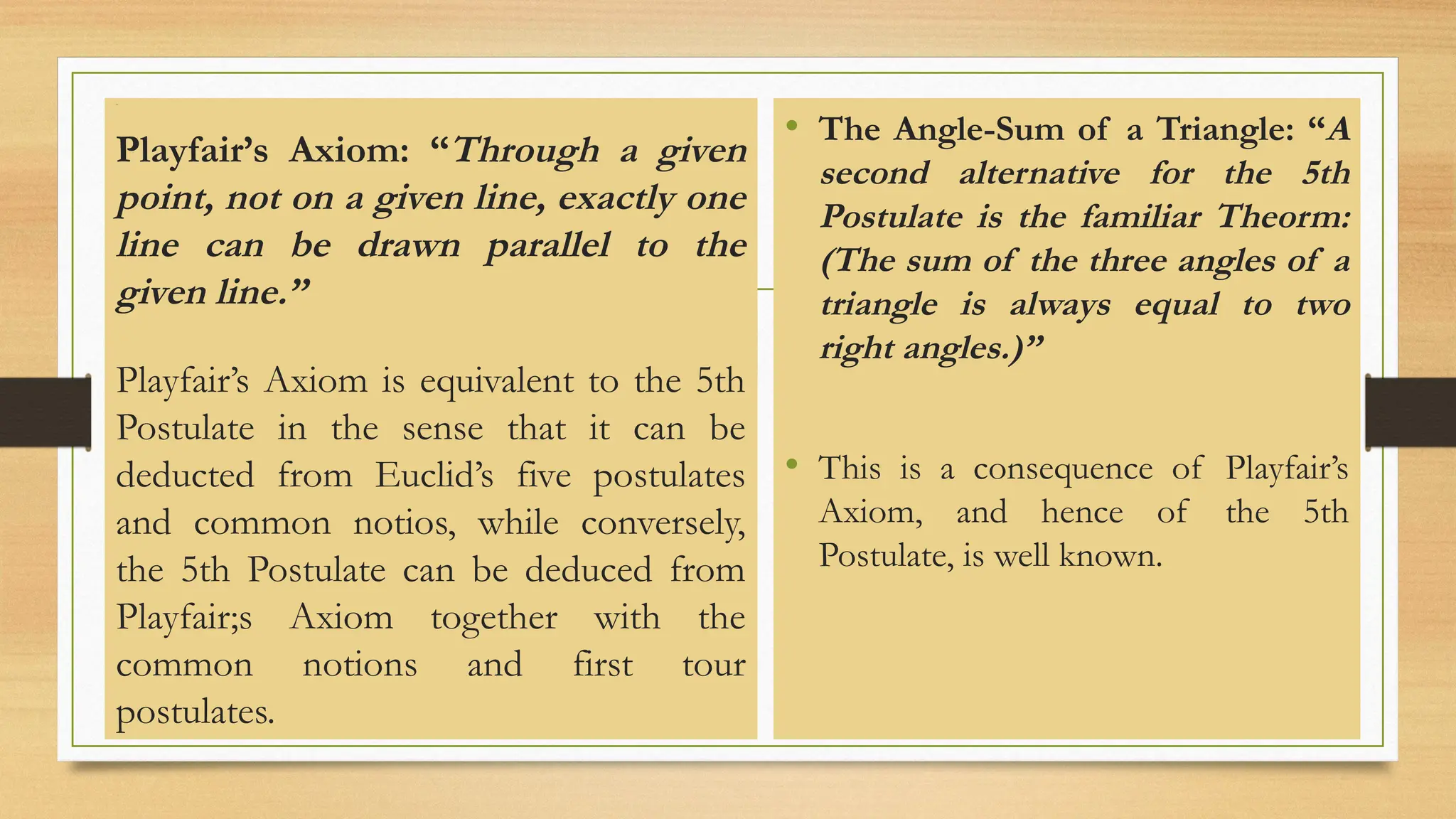 Line
Playfair’s Axiom: “Through a given
point, not on a given line, exactly one
line can be drawn parallel to the
given line.”
Playfair’s Axiom is equivalent to the 5th
Postulate in the sense that it can be
deducted from Euclid’s five postulates
and common notios, while conversely,
the 5th Postulate can be deduced from
Playfair;s Axiom together with the
common notions and first tour
postulates.
• The Angle-Sum of a Triangle: “A
second alternative for the 5th
Postulate is the familiar Theorm:
(The sum of the three angles of a
triangle is always equal to two
right angles.)”
• This is a consequence of Playfair’s
Axiom, and hence of the 5th
Postulate, is well known.
 