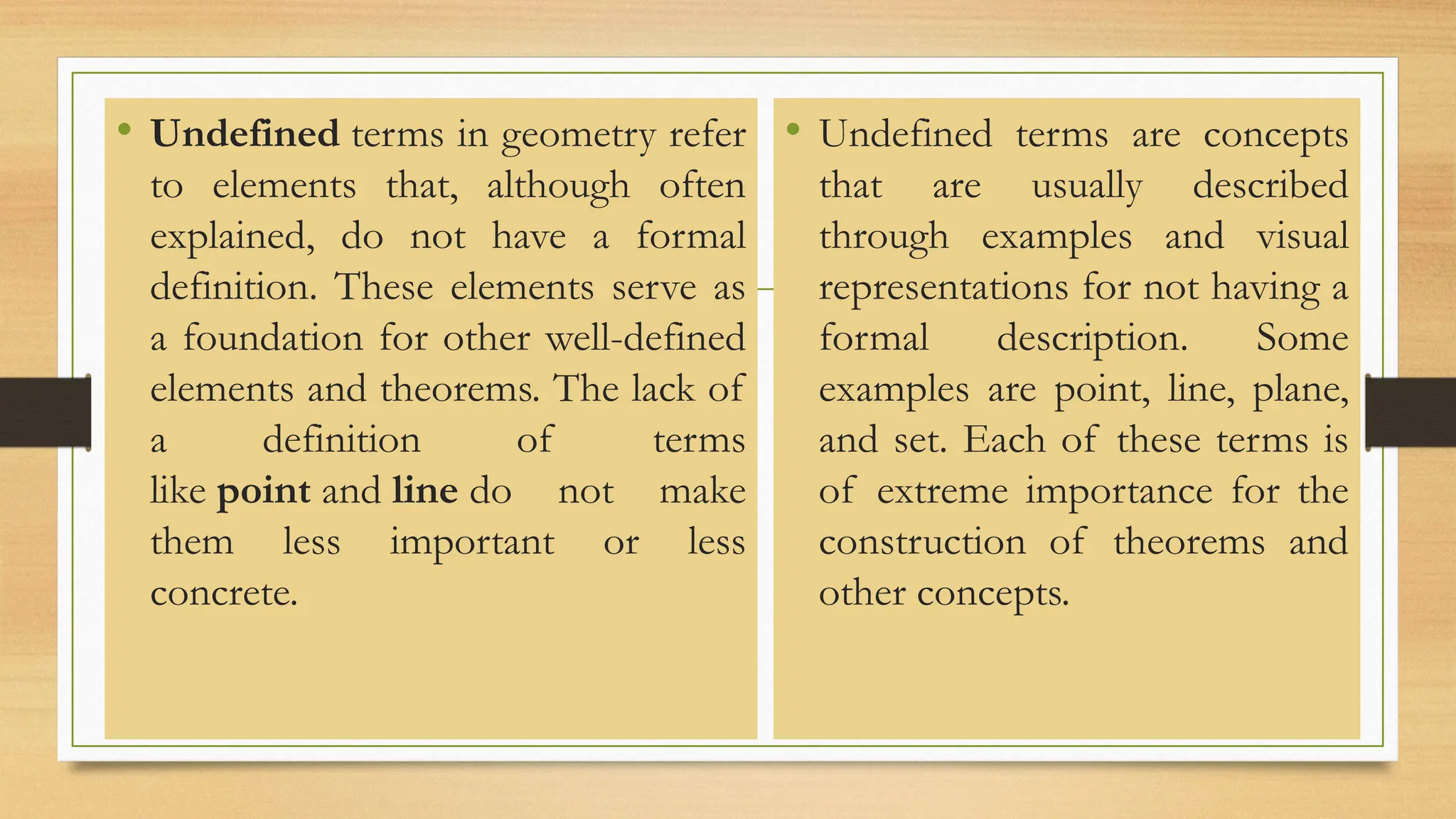 • Undefined terms in geometry refer
to elements that, although often
explained, do not have a formal
definition. These elements serve as
a foundation for other well-defined
elements and theorems. The lack of
a definition of terms
like point and line do not make
them less important or less
concrete.
• Undefined terms are concepts
that are usually described
through examples and visual
representations for not having a
formal description. Some
examples are point, line, plane,
and set. Each of these terms is
of extreme importance for the
construction of theorems and
other concepts.
 