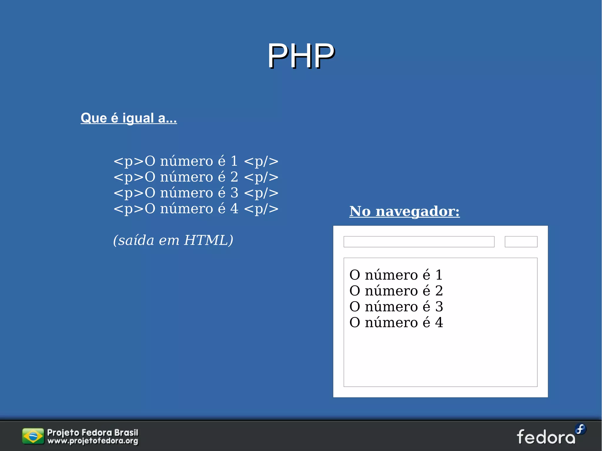 PHP
Que é igual a...


     <p>O    número   é   1   <p/>
     <p>O    número   é   2   <p/>
     <p>O    número   é   3   <p/>
     <p>O    número   é   4   <p/>    No navegador:

     (saída em HTML)

                                      O   número   é   1
                                      O   número   é   2
                                      O   número   é   3
                                      O   número   é   4
 