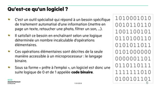 11/01/2018 6
C'est un outil spécialisé qui répond à un besoin spécifique
de traitement automatisé d'une information (mettre en
page un texte, retoucher une photo, filtrer un son, ...).
Il satisfait ce besoin en enchaînant selon une logique
déterminée un nombre incalculable d'opérations
élémentaires.
Ces opérations élémentaires sont décrites de la seule
manière accessible à un microprocesseur : le langage
binaire.
Sous sa forme « prête à l'emploi », un logiciel est donc une
suite logique de 0 et de 1 appelée code binaire.
Qu'est-ce qu'un logiciel ?
1010001010
0010110110
1001100101
0110100110
0101011011
0101000000
0000001101
0110110111
1111111010
0100101101
 