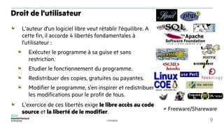 11/01/2018 9
L'auteur d'un logiciel libre veut rétablir l'équilibre. A
cette fin, il accorde 4 libertés fondamentales à
l'utilisateur :
Exécuter le programme à sa guise et sans
restriction.
Etudier le fonctionnement du programme.
Redistribuer des copies, gratuites ou payantes.
Modifier le programme, s'en inspirer et redistribuer
les modifications pour le profit de tous.
L'exercice de ces libertés exige le libre accès au code
source et la liberté de le modifier.
Droit de l'utilisateur
≠ Freeware/Shareware
 