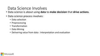 Data Science Involves
• Data science is about using data to make decision that drive actions.
• Data science process involves:
• Data selection
• Preprocessing
• Transformation
• Data Mining
• Delivering value from data : Interpretation and evaluation
 