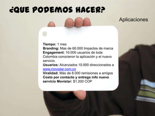 90
Aplicaciones
¿quepodemoshacer?
Tiempo: 1 mes
Branding: Mas de 60.000 Impactos de marca
Engagement: 10.000 usuarios de toda
Colombia conocieron la aplicación y el nuevo
servicio.
Usuarios: Alcanzados 10.000 direccionados a
www.movistar.com.co
Viralidad: Más de 8.000 remisiones a amigos
Costo por contacto y entrega info nuevo
servicio Movistar: $1.200 COP
 