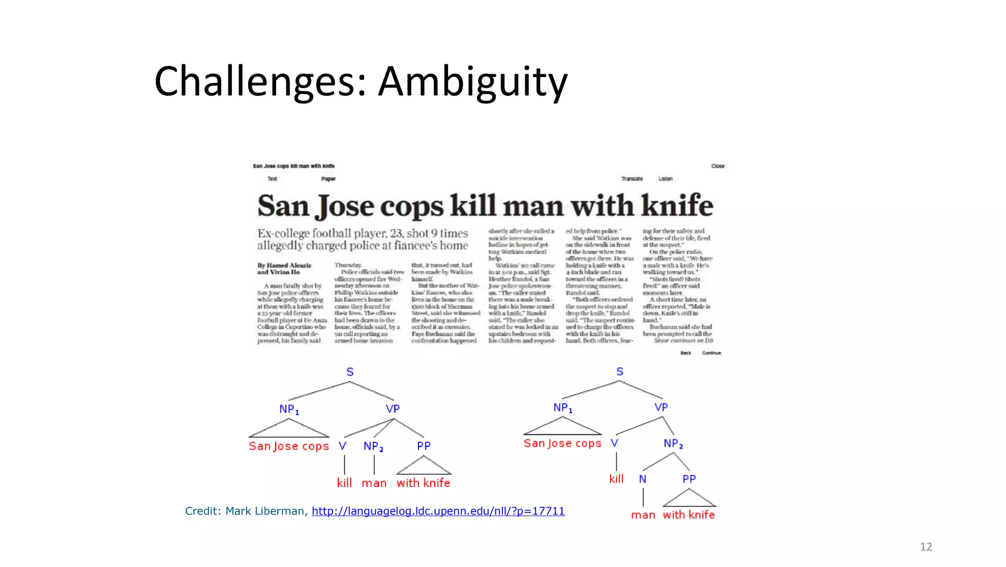 Challenges: Ambiguity
Credit: Mark Liberman, http://languagelog.ldc.upenn.edu/nll/?p=17711
12
 