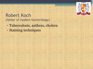 Robert Koch
(father of modern bacteriology)

• Tuberculosis, anthrax, cholera
• Staining techniques

 