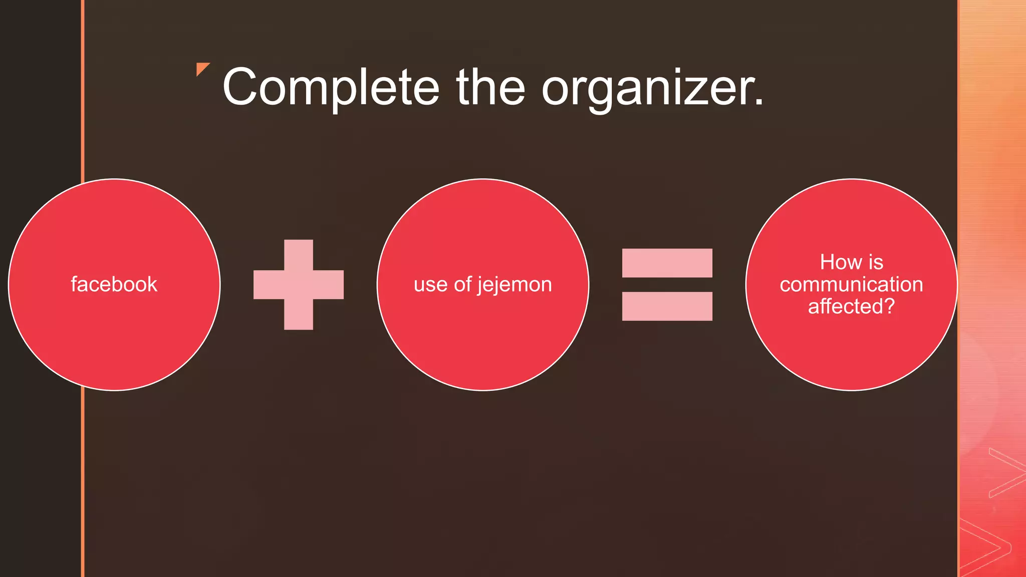 z
facebook use of jejemon
How is
communication
affected?
Complete the organizer.
 