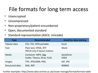 File formats for long term access
 •   Unencrypted
 •   Uncompressed
 •   Non-proprietary/patent-encumbered
 •   Open, doc...