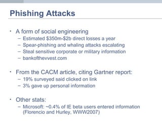 Phishing Attacks
• A form of social engineering
– Estimated $350m-$2b direct losses a year
– Spear-phishing and whaling attacks escalating
– Steal sensitive corporate or military information
– bankofthevvest.com
• From the CACM article, citing Gartner report:
– 19% surveyed said clicked on link
– 3% gave up personal information
• Other stats:
– Microsoft: ~0.4% of IE beta users entered information
(Florencio and Hurley, WWW2007)
 
