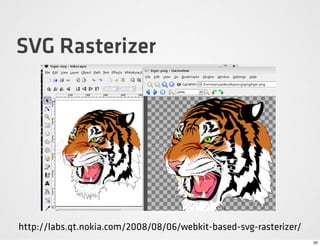 SVG Rasterizer




http://labs.qt.nokia.com/2008/08/06/webkit-based-svg-rasterizer/
                                                                   20
 