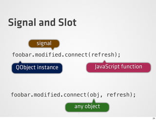 Signal and Slot
        signal
foobar.modified.connect(refresh);

 QObject instance          JavaScript function



foobar.modified.connect(obj, refresh);

                    any object
                                                 24
 