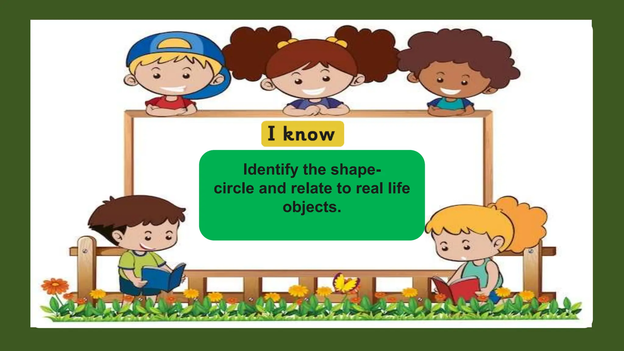 Identify the shape-
circle and relate to real life
objects.