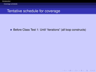 Introduction
Coverage schedule
Tentative schedule for coverage
Before Class Test 1: Until “iterations” (all loop constructs)
 