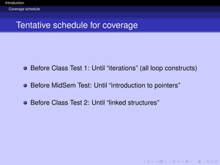 Introduction
Coverage schedule
Tentative schedule for coverage
Before Class Test 1: Until “iterations” (all loop constructs)
Before MidSem Test: Until “introduction to pointers”
Before Class Test 2: Until “linked structures”
 