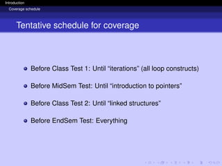 Introduction
Coverage schedule
Tentative schedule for coverage
Before Class Test 1: Until “iterations” (all loop constructs)
Before MidSem Test: Until “introduction to pointers”
Before Class Test 2: Until “linked structures”
Before EndSem Test: Everything
 