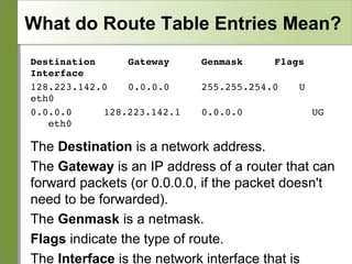What do Route Table Entries Mean?
Destination   
Gateway
Interface
128.223.142.0 
0.0.0.0
eth0
0.0.0.0
128.223.142.1 
   eth0

Genmask

Flags 

255.255.254.0

U   

0.0.0.0      

  UG   

The Destination is a network address.
The Gateway is an IP address of a router that can
forward packets (or 0.0.0.0, if the packet doesn't
need to be forwarded).
The Genmask is a netmask.
Flags indicate the type of route.
The Interface is the network interface that is

 