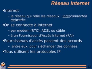 Réseau Internet Internet le réseau qui relie les réseaux :  inter connected  net works On se connecte à Internet par modem (RTC), ADSL ou câble à un Fournisseur d'Accès Internet (FAI) Fournisseurs d'accès passent des accords entre eux, pour s'échanger des données Tous utilisent les protocoles IP 