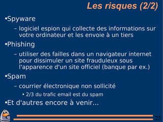 Les risques (2/2) Spyware logiciel espion qui collecte des informations sur votre ordinateur et les envoie à un tiers Phishing utiliser des failles dans un navigateur internet pour dissimuler un site frauduleux sous l'apparence d'un site officiel (banque par ex.) Spam courrier électronique non sollicité 2/3 du trafic email est du spam Et d'autres encore à venir... 