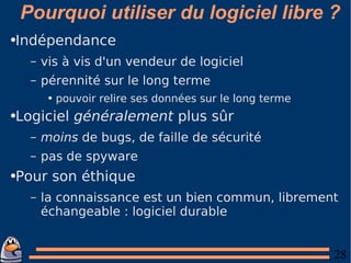 Pourquoi utiliser du logiciel libre ? Indépendance vis à vis d'un vendeur de logiciel pérennité sur le long terme pouvoir relire ses données sur le long terme Logiciel  généralement  plus sûr moins  de bugs, de faille de sécurité pas de spyware Pour son éthique la connaissance est un bien commun, librement échangeable : logiciel durable 
