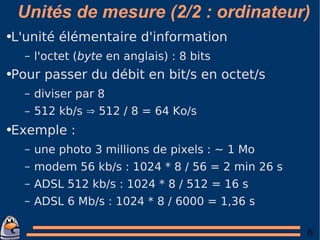 Unités de mesure (2/2 : ordinateur) L'unité élémentaire d'information l'octet ( byte  en anglais) : 8 bits Pour passer du débit en bit/s en octet/s diviser par 8 512 kb/s  ⇒  512 / 8 = 64 Ko/s Exemple : une photo 3 millions de pixels : ~ 1 Mo modem 56 kb/s : 1024 * 8 / 56 = 2 min 26 s ADSL 512 kb/s : 1024 * 8 / 512 = 16 s ADSL 6 Mb/s : 1024 * 8 / 6000 = 1,36 s 