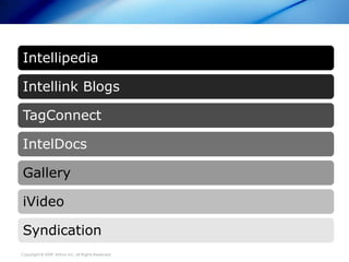Intellipedia

 Intellink Blogs

 TagConnect

 IntelDocs

 Gallery

 iVideo

 Syndication
Copyright © 2009, Ektron Inc. All...