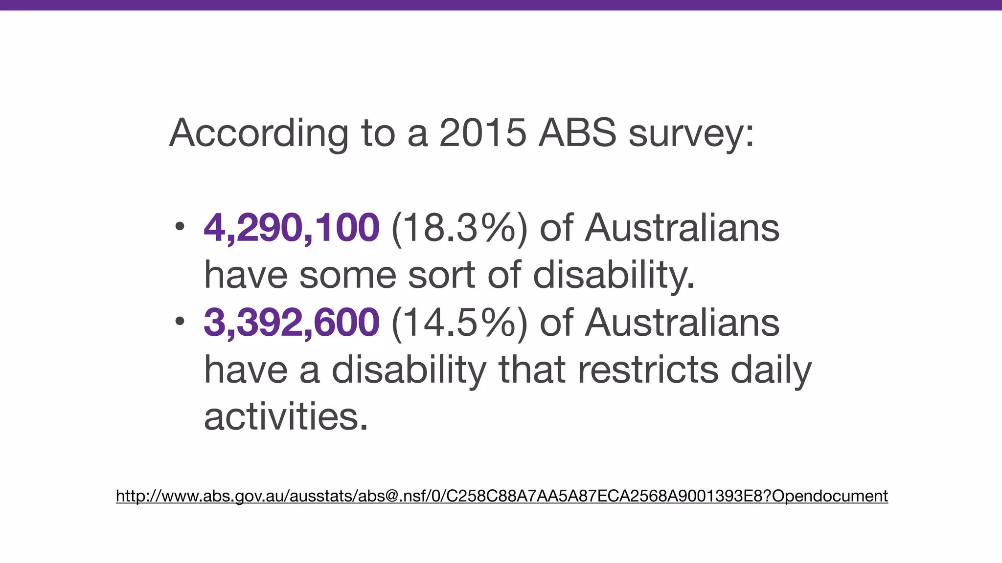 According to a 2015 ABS survey:

• 4,290,100 (18.3%) of Australians
have some sort of disability.

• 3,392,600 (14.5%) of Australians
have a disability that restricts daily
activities.
http://www.abs.gov.au/ausstats/abs@.nsf/0/C258C88A7AA5A87ECA2568A9001393E8?Opendocument
 